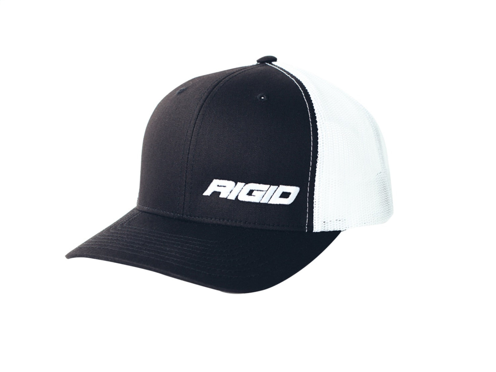 RIGID Industries 1029 RIGID Retro Trucker Hat With Offset Logo, Black Front, White Mesh Snapback