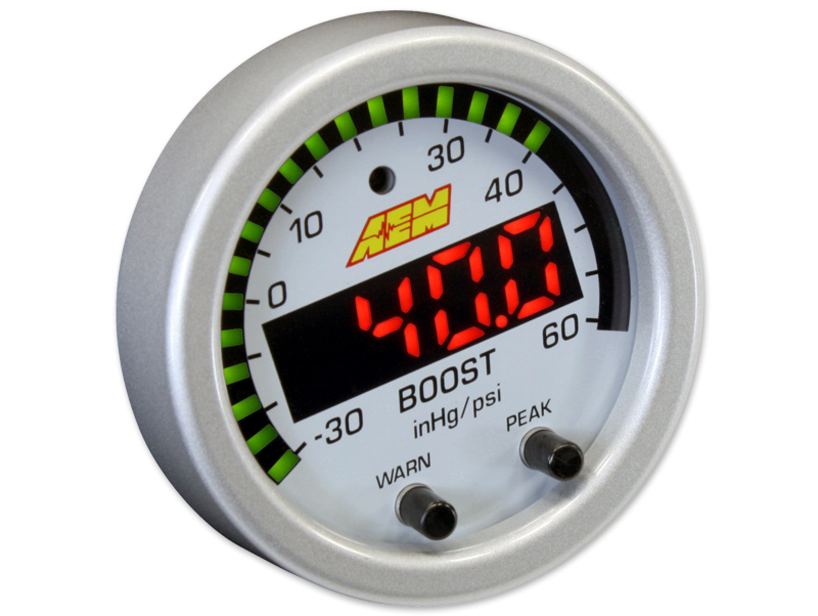 AEM X-Series Boost Pressure Gauge -30-60psi / -1-4bar  Accessory Kit Silver Bezel & White Faceplate